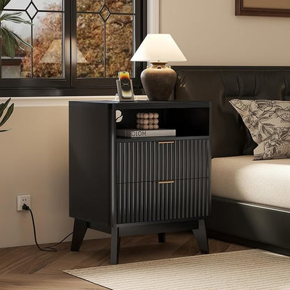 LYNCOHOME Fluted Nightstand with Charging Station, 19.7 inch Wide End Table with 2 Drawers, Modern Wood Bedside Table for Bedroom, Night Stand Set of 2, Black