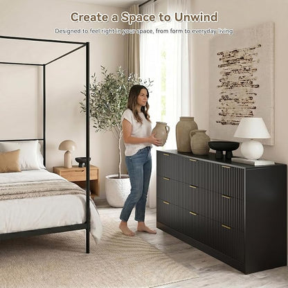 Black 9 Drawer Dresser for Bedroom, 63" Wide Modern Fluted Chest of Drawers, Wooden Dresser with Gold Metal Handles, Mid Century Large Dresser TV Stand for Living Room Hallway