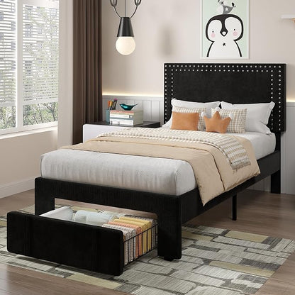 VECELO Twin Size Upholstered Bed Frame with Storage Drawer, Adjustable Velvet Rivet Decor Headboard, Wooden Slats Platform Support, No Box Spring Needed, Easy Assembly,Black