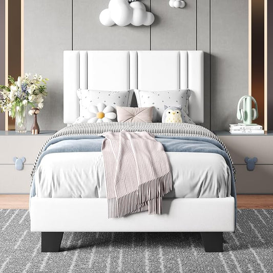 Einhomn Upholstered Twin Size Bed Frame with Velvet Fabric Headboard, Strong Wooden Slats Support, Noise Free, No Box Spring Needed, White