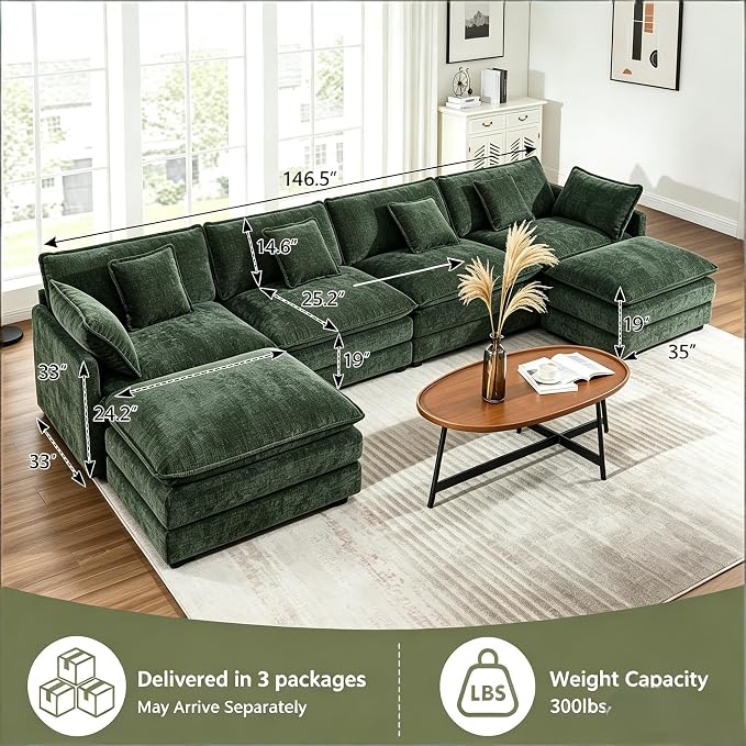 147" Modular Sectional Sofa, Oversized U Shaped Sectionals Cloud Couch, Big Comfy Couch with 2 Ottomans, 6 Seater Chenille Sectional Sofa with Deep Seat and 6 Pillows for Living Room- Green