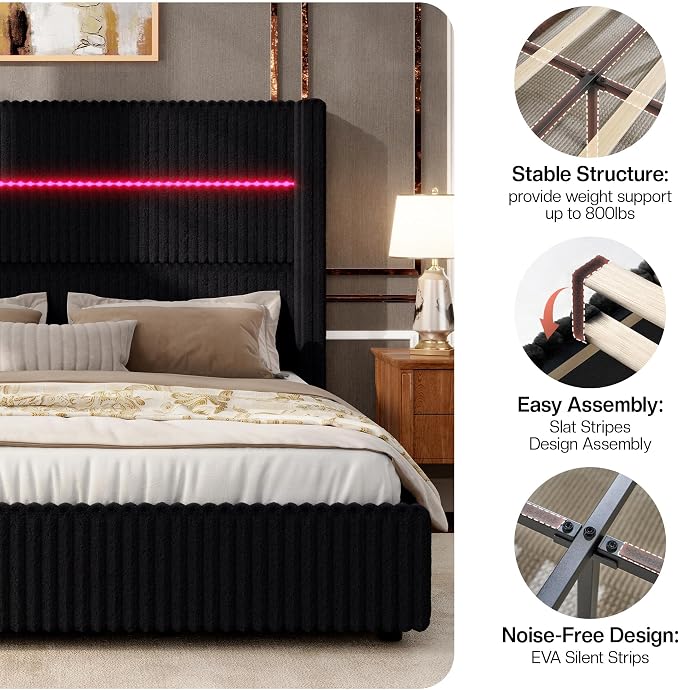 Jocisland Queen Size Corduroy Upholstered Bed Frame with 4 Storage Drawers & 51.2" Tall Wingback Headboard, LED Platform Bed with Charging Station, Easy Assembly, No Box Spring Needed, Black
