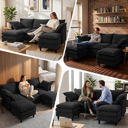 3 Seater U-Shape Couch Sofa with Ottomans, 69" Small Couch Modern Comfy Cloud Sofa with 23" Deep Washable Pillow ChenilleCover Couches for Living Room Bedroom Apartment Office 69-Black-U