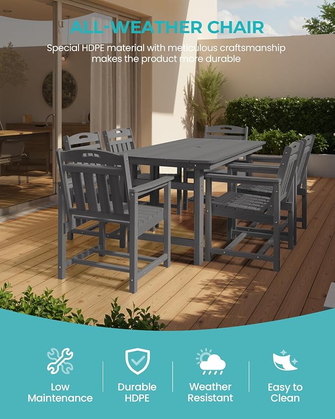 Outdoor Rectangle Dining Table, Heavy-Duty HDPE Table for 6, Weatherproof Patio Table with Umbrella Hole, Rounded Corners for Safety, Grey