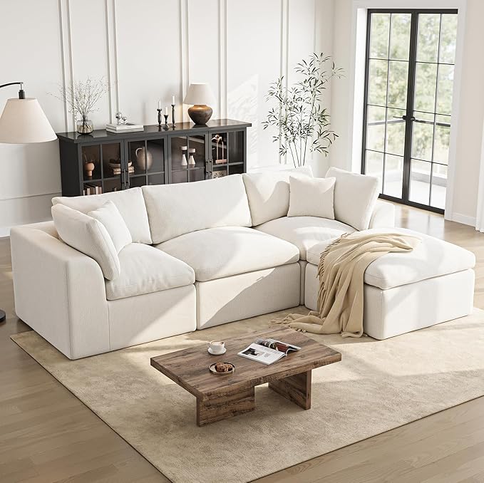 Cloud Sectional Couches for Living Room | 108 Inch L-Shaped Boneless Couch with Ottoman | Modular Sectionals Sofa Couch Ivory White