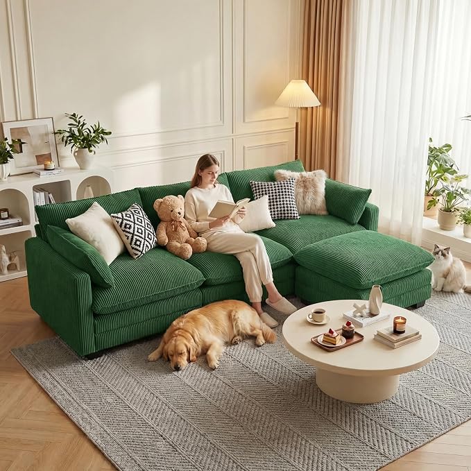 Gizoon 110'' Oversized L Shaped Couch for Living Room, Cloud Couches with Washable Corduroy Cover, Modern 4-Seater Comfy Deep-Seat Sofa with Movable Ottoman and 2 Throw Pillows for Apartment, Green