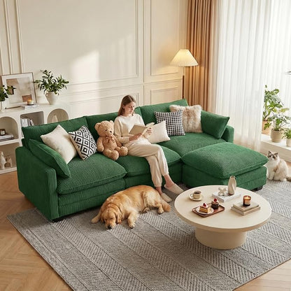 Gizoon 110'' Oversized L Shaped Couch for Living Room, Cloud Couches with Washable Corduroy Cover, Modern 4-Seater Comfy Deep-Seat Sofa with Movable Ottoman and 2 Throw Pillows for Apartment, Green