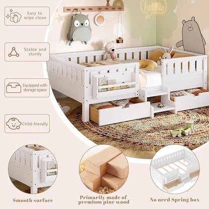 Bellemave Twin Montessori Bed with Stairs, Rails and Slats, Twin Size Montessori Floor Bed with Bookshelf and 2 Storage Drawers, Easy Assemble Beds Frame for Girls, Boys, White