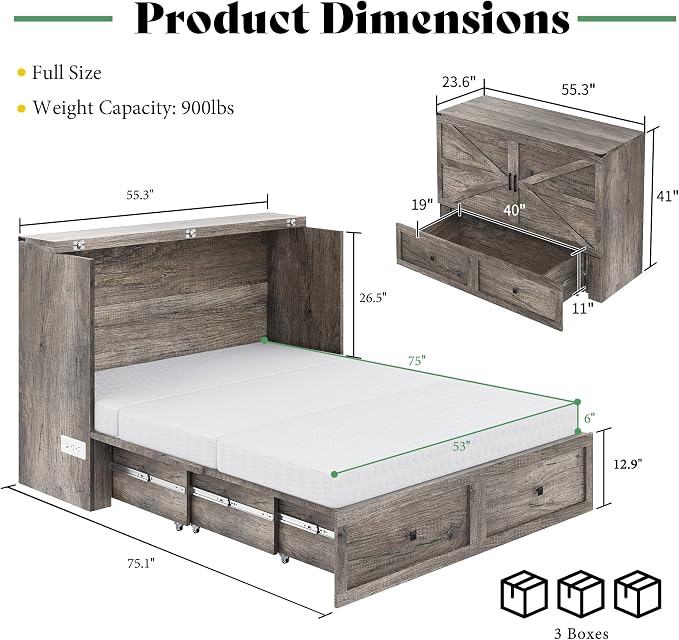 LUXOAK Full Murphy Bed with 6" White Tri-Fold Memory Foam Mattress, Storage Drawer & Charging Station, Space-Saving Design for Home Office or Guest Room, Rustic Grey