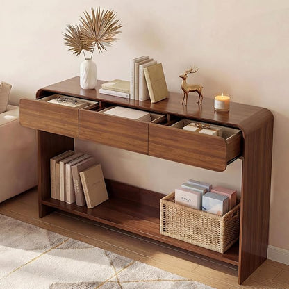 Nasonet Mid Century Modern Console Table, Entryway Table with 3 Storage Drawers, Wood Sofa Table Behind The Console Table for Entryway, Hallway, Living Room, Walnut