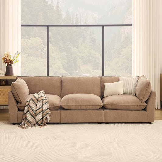 Iroomy Modular Sectional Sofa, Oversized Chenille Cloud Couch, Deep Comfy Seat, 3-Seater Sofas Couches for Living Room, Khaki
