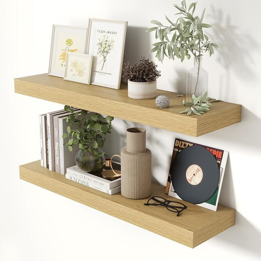 Heimlove 32 Inch Floating Shelves for Wall Oak Shelves Set of 2,Wall Mounted Rustic Wood 8 Inch Deep Floating Shelf with Invisible Brackets for Bedroom Kitchen Living Room