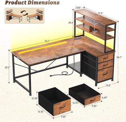 DurayLoly Office Desk with 3 Fabric Drawers & Shelf, Reversible L Shaped Desk Computer Desk with Remote LED Lights, Power Outlet and PC Stand for Home Office Desk, Corner Desk for Bedroom, Brown