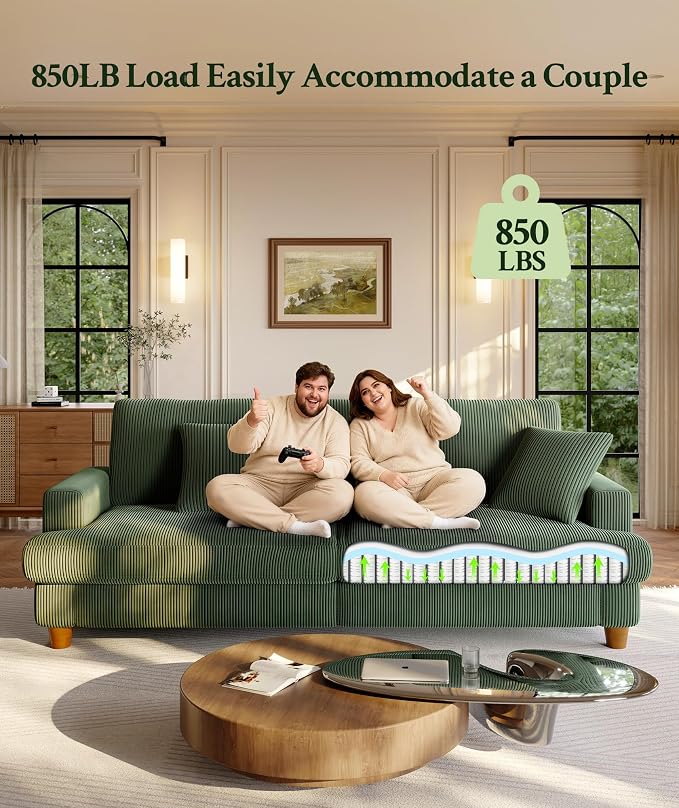 Welzona 87.2" Couches for Living Room, Comfy U Shaped Couch Green 7.5" Thicker Cushion, Sofas for Living Room Tool-Free Setup, Loveseat with Ottoman 848lbs Support, Corduroy Couch for Bedroom, Office