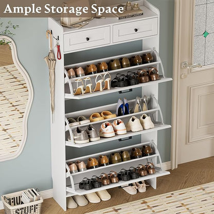 BORNOON Shoe Storage Cabinet for Entryway, Farmhouse Narrow Shoe Cabinet with 3 Flip Drawers & 2 Top Drawers, Adjustable Shelves & Hooks, Freestanding Hidden Rack Organizer for Hallway, Foyer
