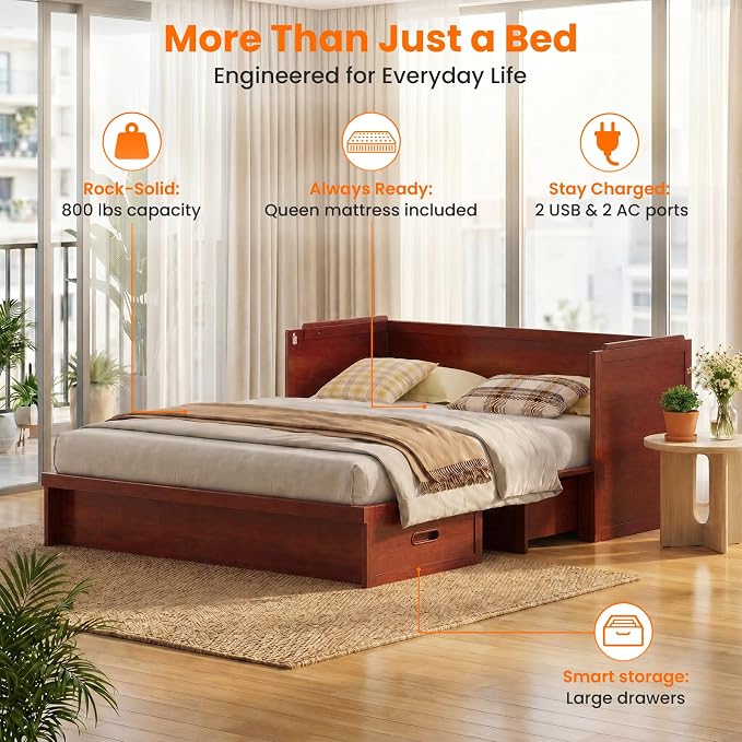 CECER Murphy Bed Queen with Mattress Included for Guest/Small Space-Maroon | Built-in Multi-Port Charging Station ＆ Large Storage Drawer，Space Saving ＆ Easy Assemble and Conversion