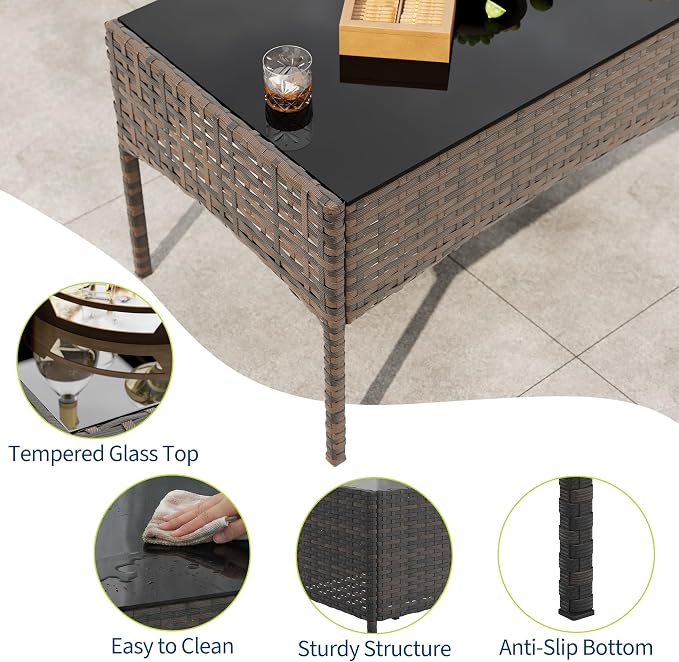 4-Piece Outdoor Furniture Set, PE Rattan Wicker Chairs with Soft Cushions & Tempered Glass Coffee Table - All-Weather Patio Set for Garden, Backyard, Porch, Poolside (Brown/Beige)