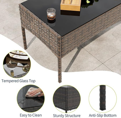 4 Piece Patio Furniture Set, Outdoor Deck Rattan Chair Wicker Combo Furniture, All Weather Dialogue Rattan Sofa with Upholstery and Glass Table for Garden, Backyard, Porch, Lawn, Pool, Brown+White