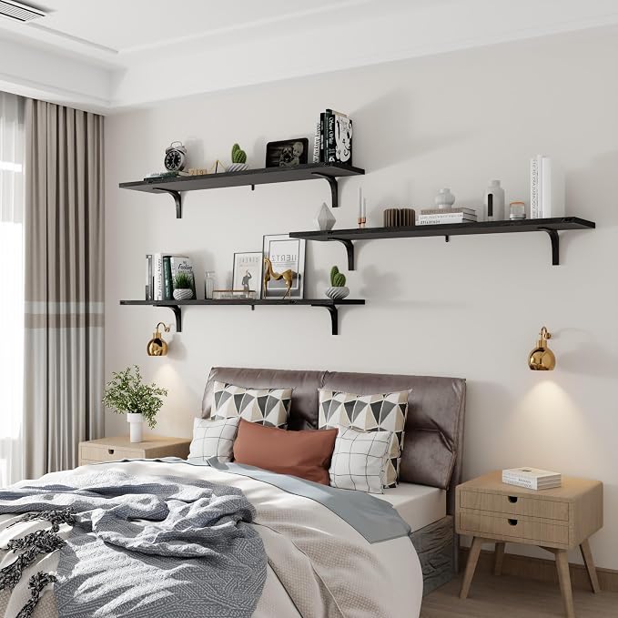 Deep Floating Shelves, 12 Inch Extra Wide Solid Wood Wall Shelves, 48 Inch Long Heavy Duty Wall Mounted Bookshelf for Living Room, Kitchen and Bedroom, Set of 3 (Black)