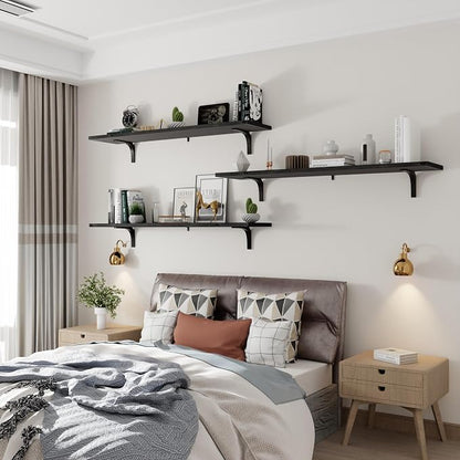 Deep Floating Shelves, 12 Inch Extra Wide Solid Wood Wall Shelves, 48 Inch Long Heavy Duty Wall Mounted Bookshelf for Living Room, Kitchen and Bedroom, Set of 3 (Black)