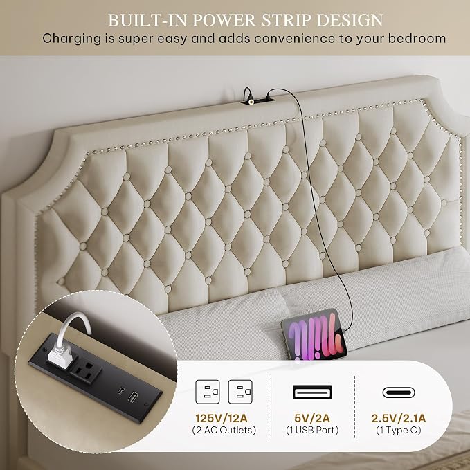 YITAHOME Full Size Bed Frame with Adjustable Headboard, 4 Storage Drawers and Charging Station, Velvet Upholstered Bed Frame with Button Tufted, No Box Spring Needed, Fast Assembly, Noise-Free, Beige