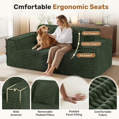 75'' Modern Cloud Loveseat Sofa Set of 2, No Assembly Required Comfy Deep Seat Couches 2 pcs for Living Room, Bedroom, Apartment (Corduroy-Green)