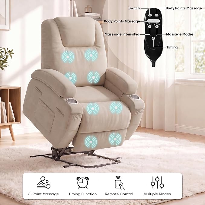 Flamaker Power Lift Chair Massage Recliner Chairs for Elderly - Ergonomic Design with Cup Holders & Side Pockets, Remote Control (Beige)