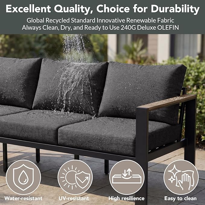 Patio Furniture Armchair Set of 2, All-Weather Patio Sofa with Washable Thick Cushion, Deluxe Aluminum Modern Outdoor Sectional for Porch, Balcony, Deck, Yard, Dark Gray
