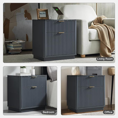 T4TREAM 23'' Fluted Nightstand Set of 2 with Charging Station, Large 2 Drawer Side Table, Modern End Table with Storage, Mid Century Bedside Table for Bedroom, Living Room, Curved Profile, Dark Grey