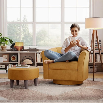 LINSY Swivel Accent Chair Ottoman Set: Velvet Larege Barrel Chair with Foot Rest, Modern Reading Chair Upholstered Armchair with Footrest for Living Room Bedroom Study Room Office (Yellow)