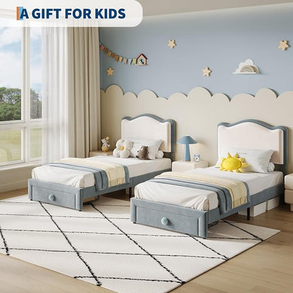 GarveeHome Upholstered Twin Bed Frame with Storage Drawer & Scallop Headboard, Princess Twin Size Platform Bed Frames for Kids Girls, Wooden Slats Support, No Box Spring Needed, Pink/White (Blue)