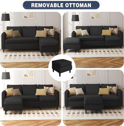 Shintenchi Modern Upholstered Sectional Sofa, L-Shaped Couch with Movable Ottoman and Reversible Chaise for Living Room, Black Corduroy Fabric