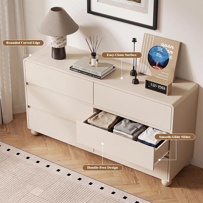 Furniway 3 Piece Bedroom Set, 6 Drawer Dresser and 2 Drawer Nightstand Set of 2 with Round Legs, Modern Wood Chest of Drawers Storage Cabinet for Bedroom, Beige