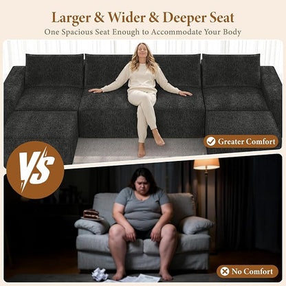 Vesgantti 145.6" Modular Boneless Couch, Modern U Shaped 6 Seater Sectional Sofa with 2 Ottoman & Deep Seat, Convertible Chenille Cloud Couches for Living Room, No Assembly Required, Black