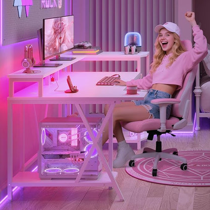 SEDETA White Gaming Desk 70.8'' with LED Lights and Storage Shelves, Computer Desk with Monitor Stand, Power Outlets and Cup Holder, Large PC Gamer Desk, Gaming Table for Bedroom, Living Room