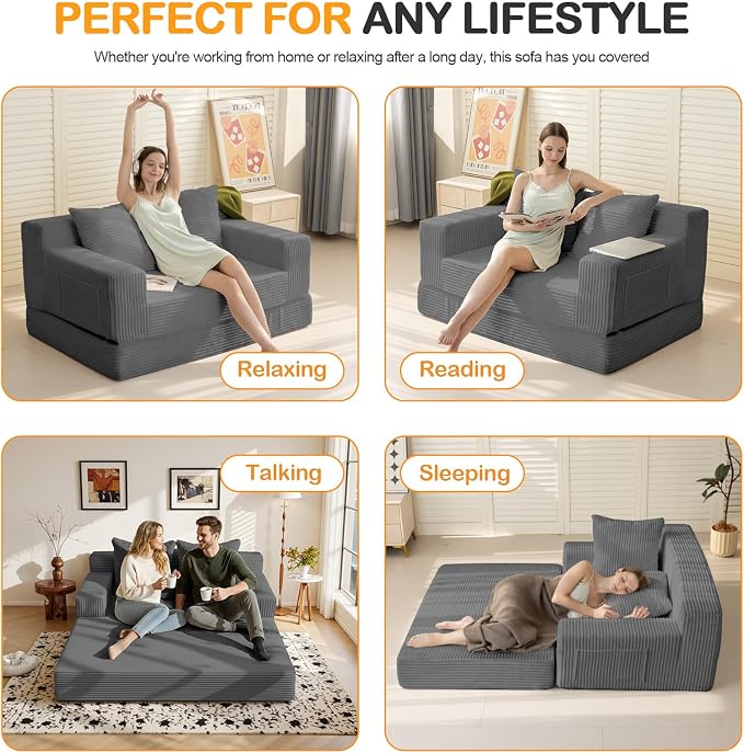 Erament Convertible Sofa Bed, Loveseat Folding Floor Futon Sleeper Sofa Couch Bed- Boneless Foldable Couch, Corduroy Pull Out Sofa Bed with 2 Pillows for Living Room & Bedroom