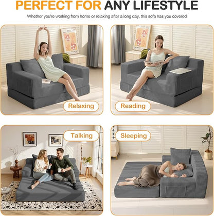 Erament Convertible Sofa Bed, Loveseat Folding Floor Futon Sleeper Sofa Couch Bed- Boneless Foldable Couch, Corduroy Pull Out Sofa Bed with 2 Pillows for Living Room & Bedroom