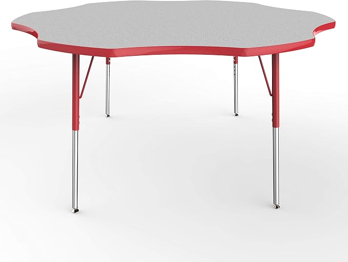 FDP Flower Activity School and Office Table (60 inch), Standard Legs with Swivel Glides for Collaborative Seating Environments, Adjustable Height 19-30 inches - Gray Top and Red Edge