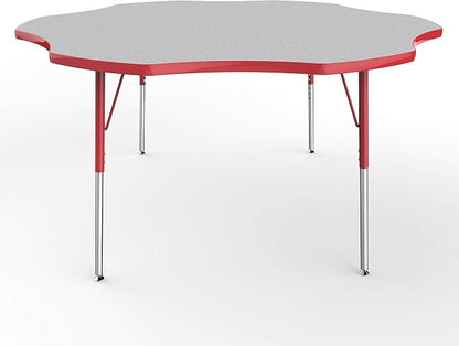 FDP Flower Activity School and Office Table (60 inch), Standard Legs with Swivel Glides for Collaborative Seating Environments, Adjustable Height 19-30 inches - Gray Top and Red Edge
