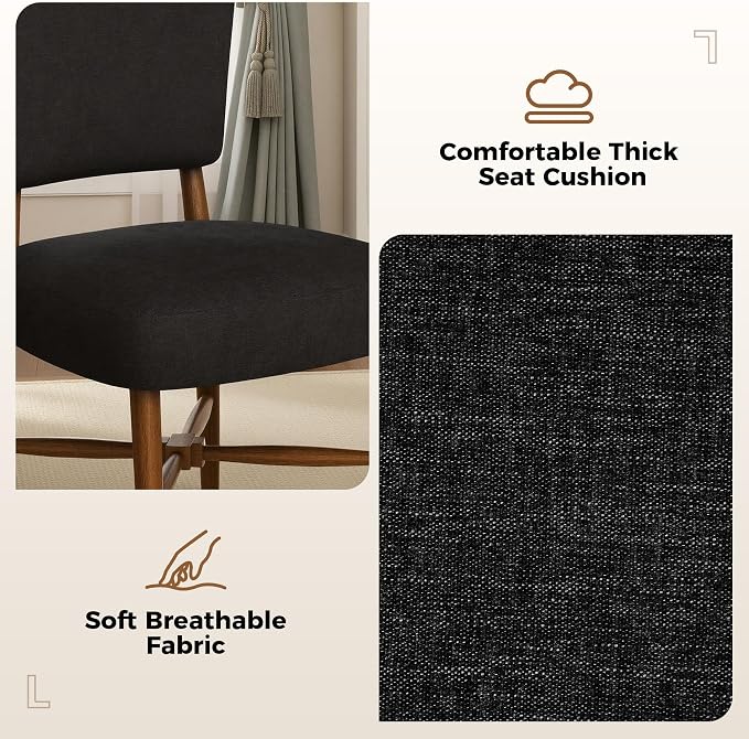 Dining Chairs Set of 6, Linen Upholstered, Solid Wood Legs, Black | Mid Century Farmhouse, Cross-Brace Reinforced, Padded Cushion, Easy 15-Min Assembly, Kitchen Dining Room