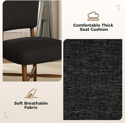 Mid Century Dining Chairs Set of 4, Linen Seat, Wood Legs, Black | Farmhouse, Upholstered Padded Cushion, Solid Wood Cross-Brace, Easy 15-Min Assembly, Kitchen Dining Room