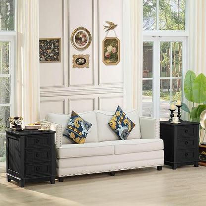 Joaxswe Farmhouse Night Stand Set of 2, 18" End Table with 3 Drawer Metal Handle, Dresser for Bedroom, Sofa Bed Side Table Chest of Drawers,Wood Nightstand Cabinet for Organizer, Living Room-Black