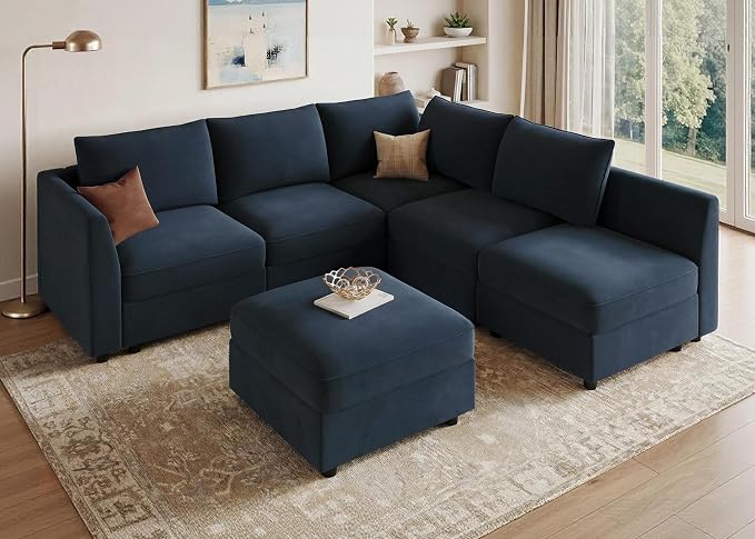 HONBAY Modular Sectional Couch L Shaped Sectional Sofa with Storage Velvet Convertible Sectional Couches for Living Room,Dark Blue