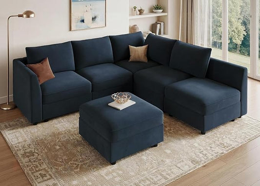 HONBAY Modular Sectional Couch L Shaped Sectional Sofa with Storage Velvet Convertible Sectional Couches for Living Room,Dark Blue