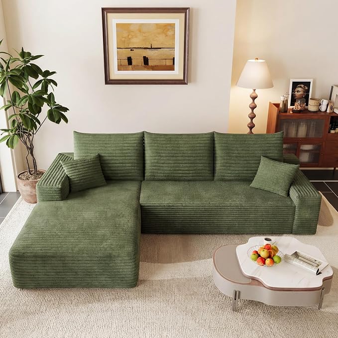 95" Cloud Sectional Couch with L-Shape Chaise, Modular Comfy Sofa Chaise Longue, Upholstered Corduroy Couches Sleeper with Deep Seat for Living Room Bedroom, No Assembly Required(Green, Left Facing)