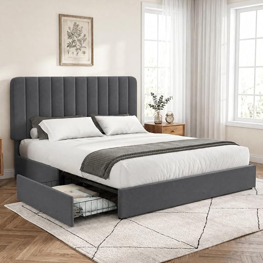 VECELO Queen Size Upholstered Bed Frame with 4 Drawers and Headboard, Velvet Platform Storage Bedframe, Wooden Slats Support, No Box Spring Needed,Dark Grey