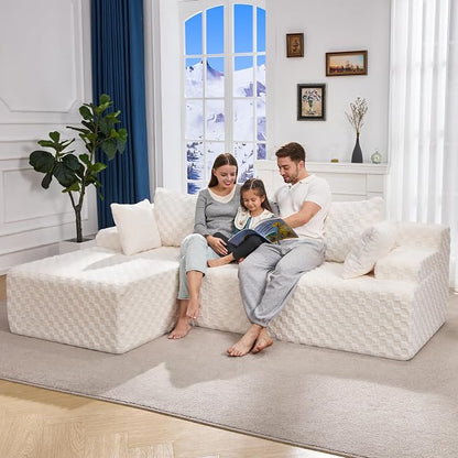 Hobestluk Boneless Couch Modular Sectional Sofa L-Shape Couch 3 Seat Modular Couch Memory Foam Sectional Couches for Living Room Furniture, Cloud Couch with Chaise Lounge (96" Left Facing Chaise)