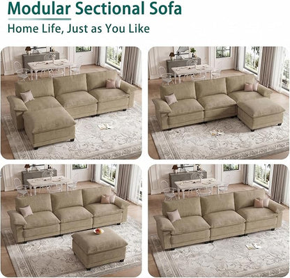Modern L Shaped Sofa Couches for Living Room, Modular Sectional Cloud Couch with Movable Ottoman, Comfy Chenille Sofa for Apartment and Small Space, Light Yellow