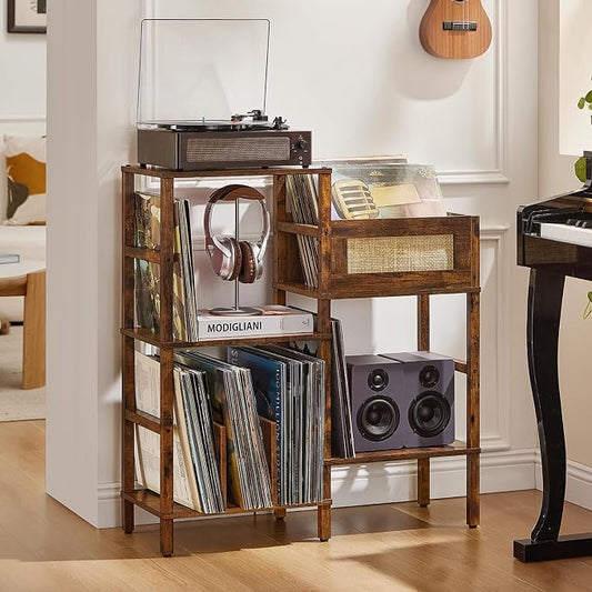 LELELINKY Record Player Stand, Vintage Brown Wood Record Holder with Vinyl Storage Holds up to 300+ Albums, 3-Tier Rattan Media Table with Vinyl Display Shelf, Record Storage Cabinet for Living Room