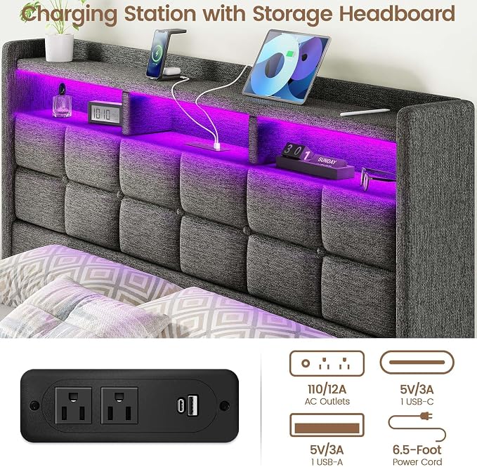 Driftalia Lift Up Queen Bed Frame with Storage, Upholstered Bed Frame Queen Size with LED Lights Headboard and Charging Station, No Box Spring Needed, Easy Assembly - Dark Grey